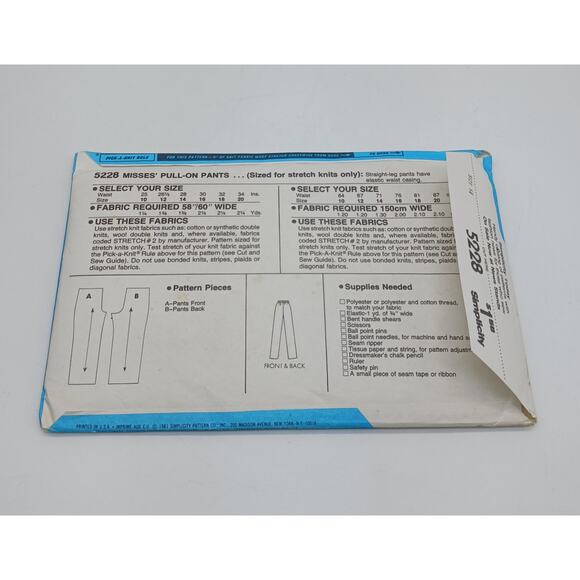 Simplicity 5228 Size 14 28" Waist For Stretch Knits 1980s Pull On Pant Pattern - Picture 3 of 3